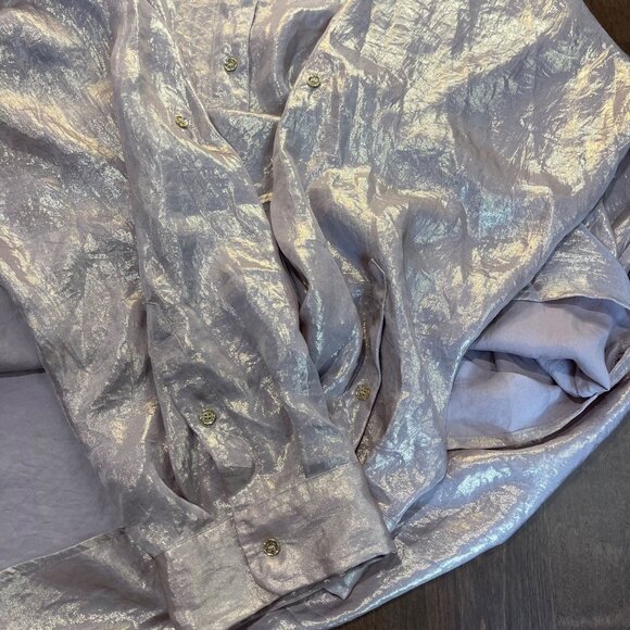 Calvin Klein Metallic Blouse Women's Plus Size 3X Roll Tab Sleeves Button Front - Picture 6 of 11